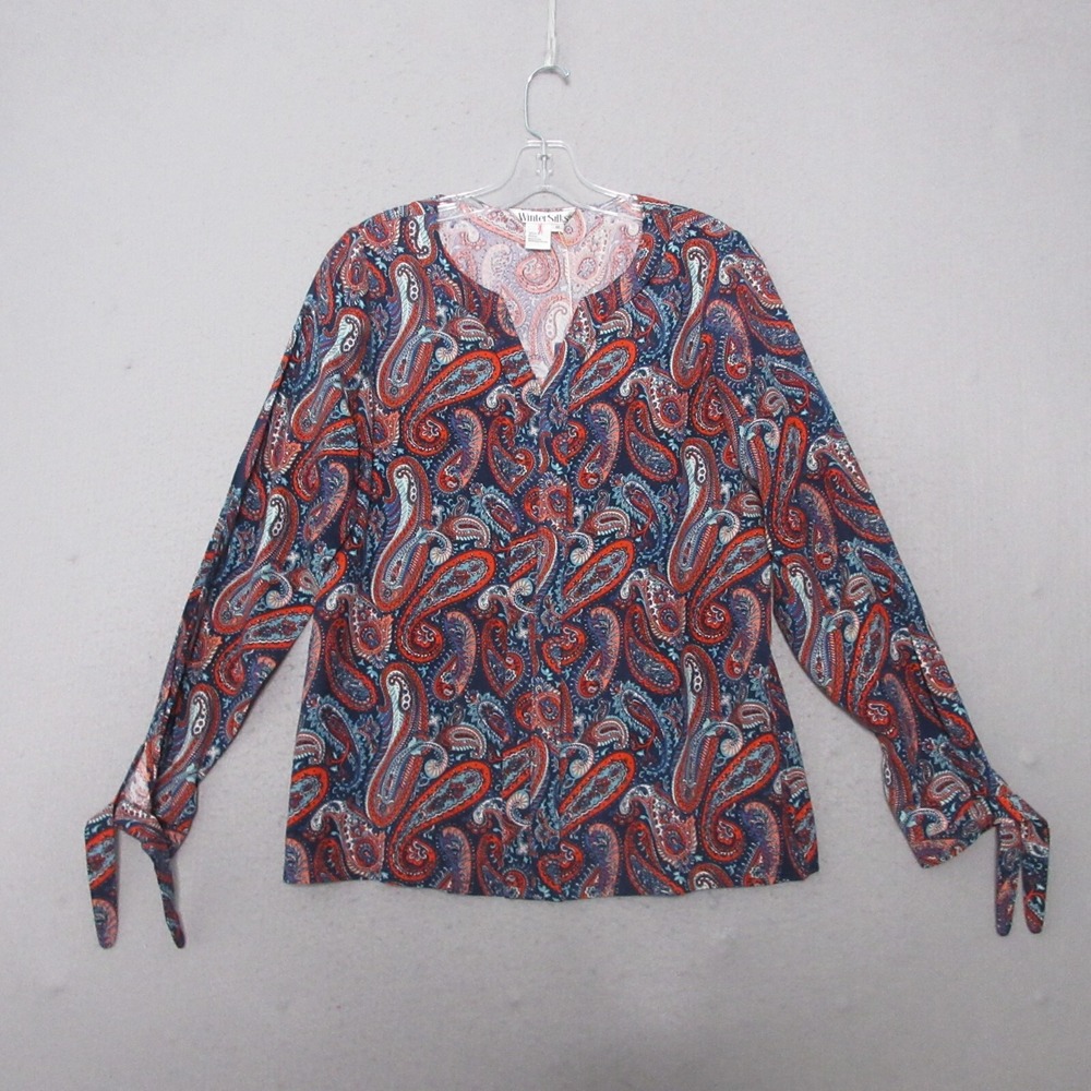 WinterSilks Top Blouse Medium Paisley Colorful Tie Wrists Career Timeless NWT